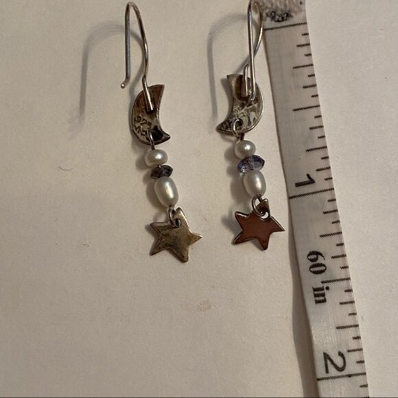 EARRINGS Sterling Silver 925 wires moon star drop crystal pierced celestial - Picture 6 of 7